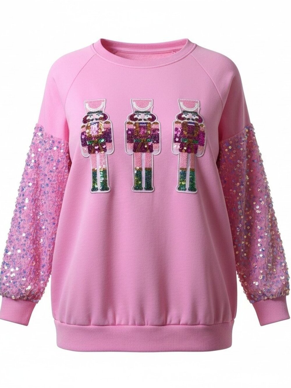 Pink Sequin Nutcracker Christmas Sweatshirt Small Holiday Glitter Balloon Sleeve